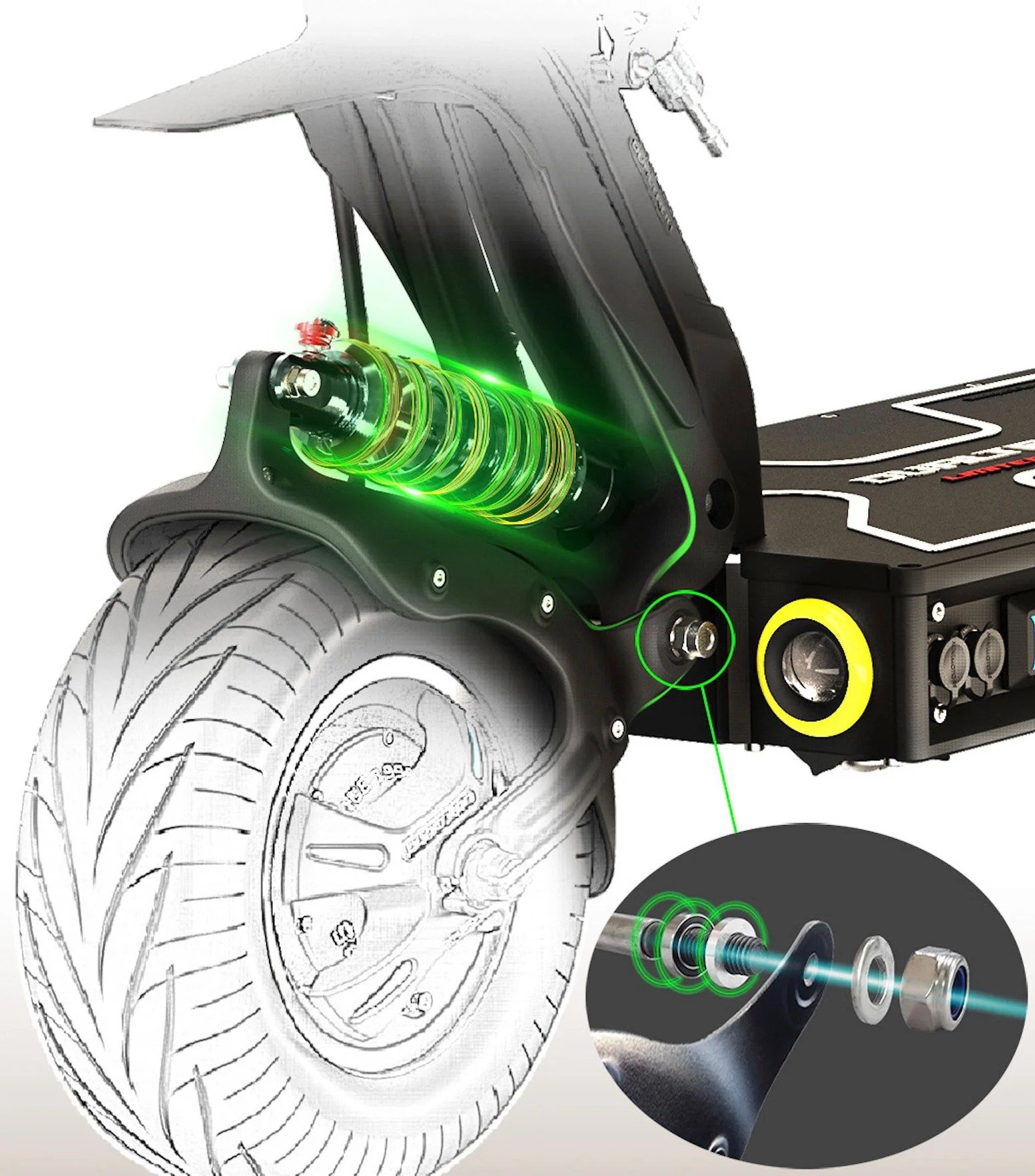 Sistema de suspensión coilover y articulación del Dualtron X Limited